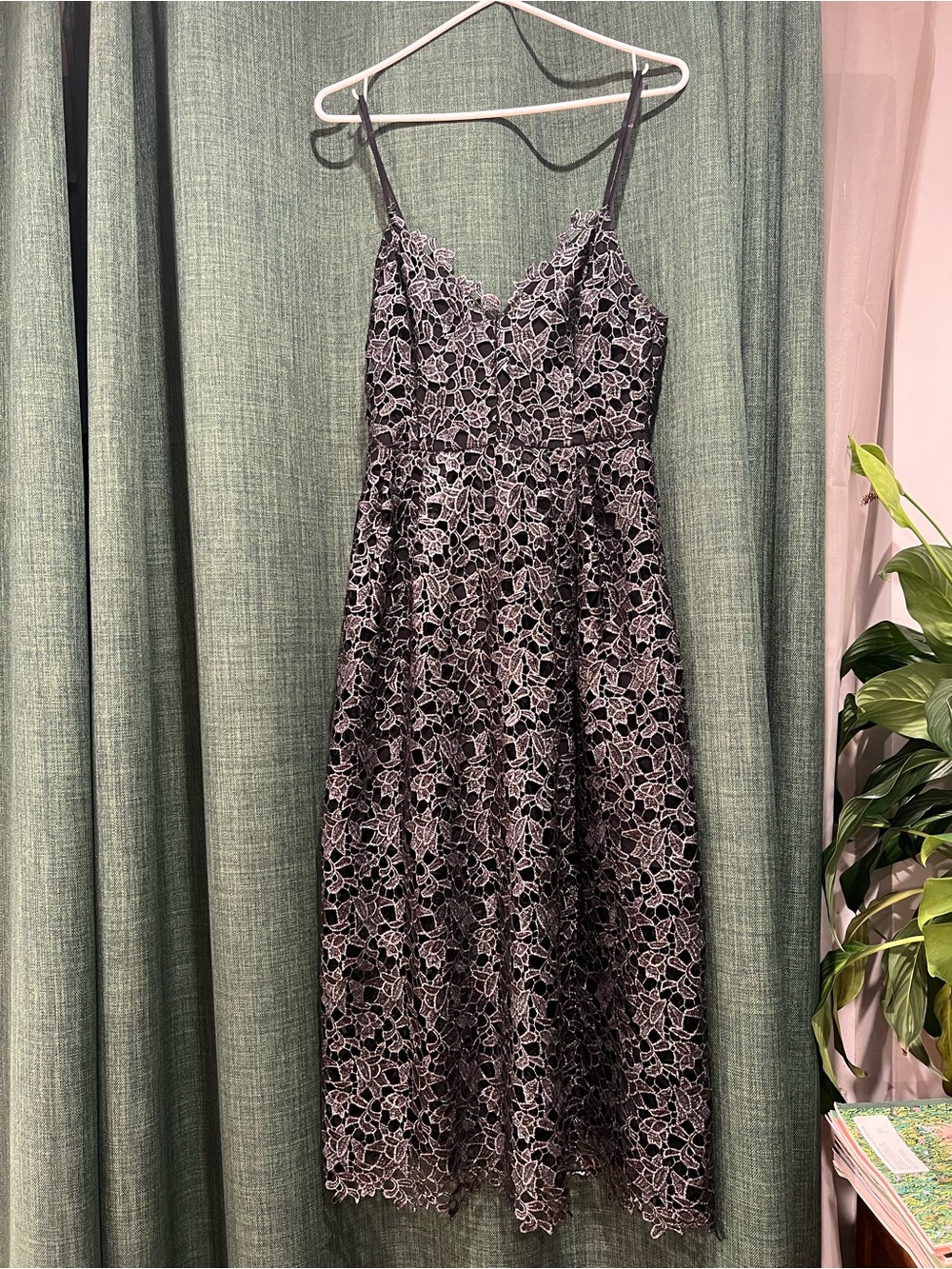 Astr Black Lace Midi Dress with silver Floral Overlay